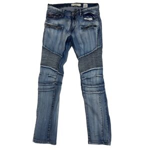 JEANIUS Mens Blue Moto Biker Jeans Slim Fit Zipper Accent Denim Pants Size